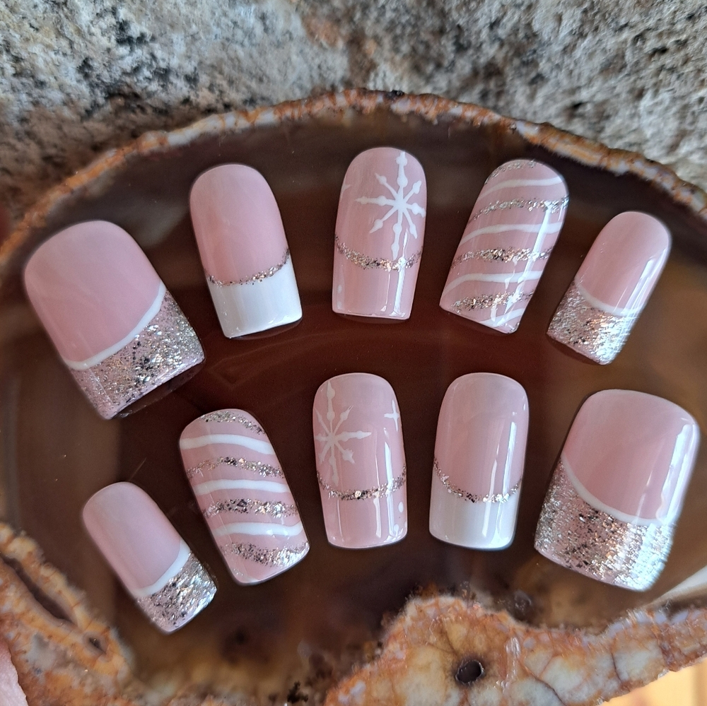 Pink Snowflake Sparkle Square Short Custom Hand Painted Reusable Press On Nails